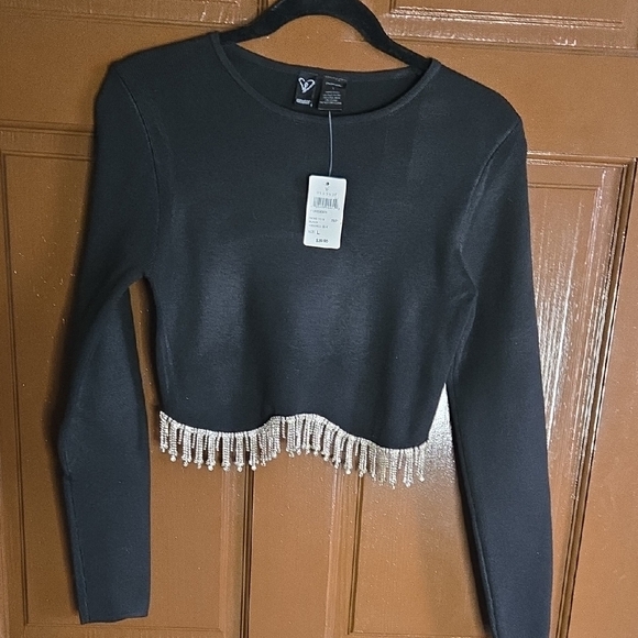 Windsor Sweaters - Windsor-Black long sleeved knit pullover with rhinestones around bottom Sz L NWT